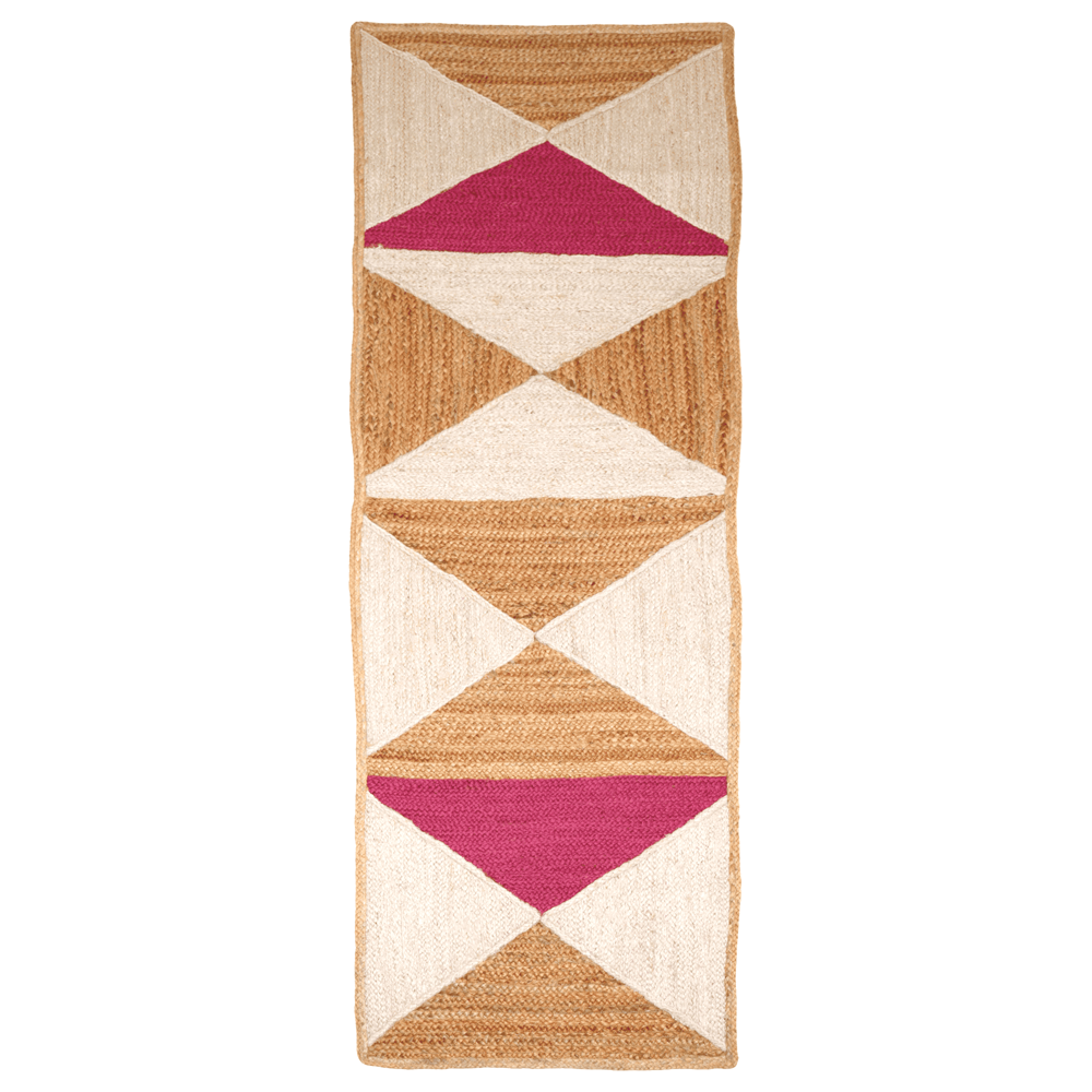 Hand Braided Pink Jute Runner Rug with Geometric Triangle Pattern