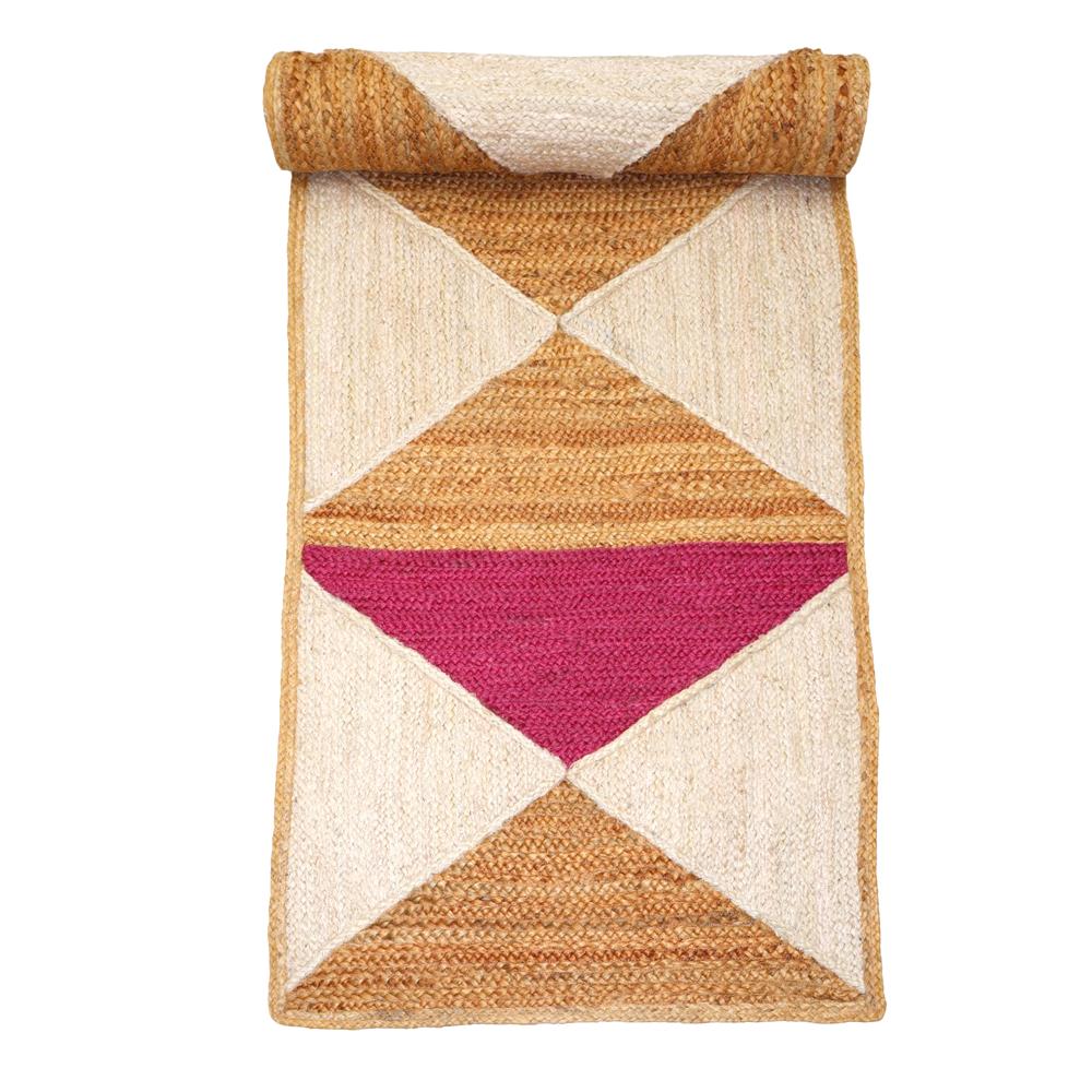 Hand Braided Pink Jute Runner Rug with Geometric Triangle Pattern