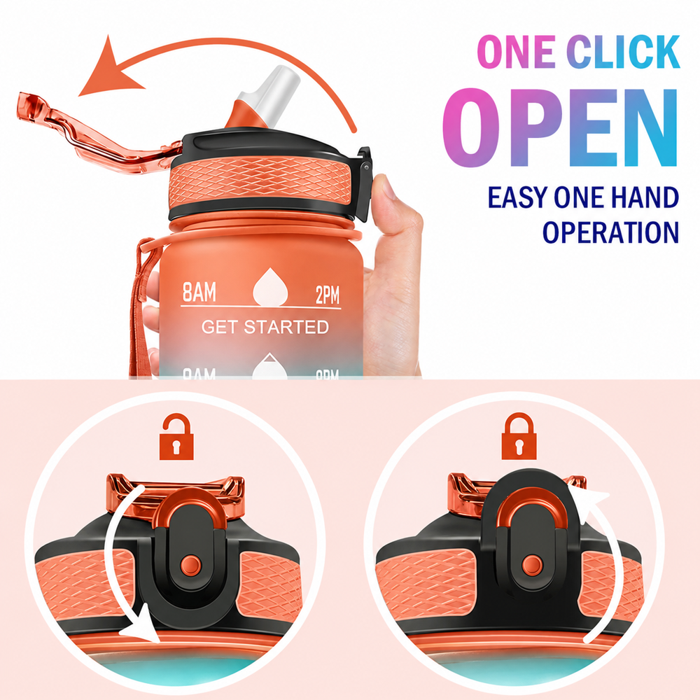 Motivational Water Bottle with Time Markings, Flip Top Lid & Carry Handle for Gym