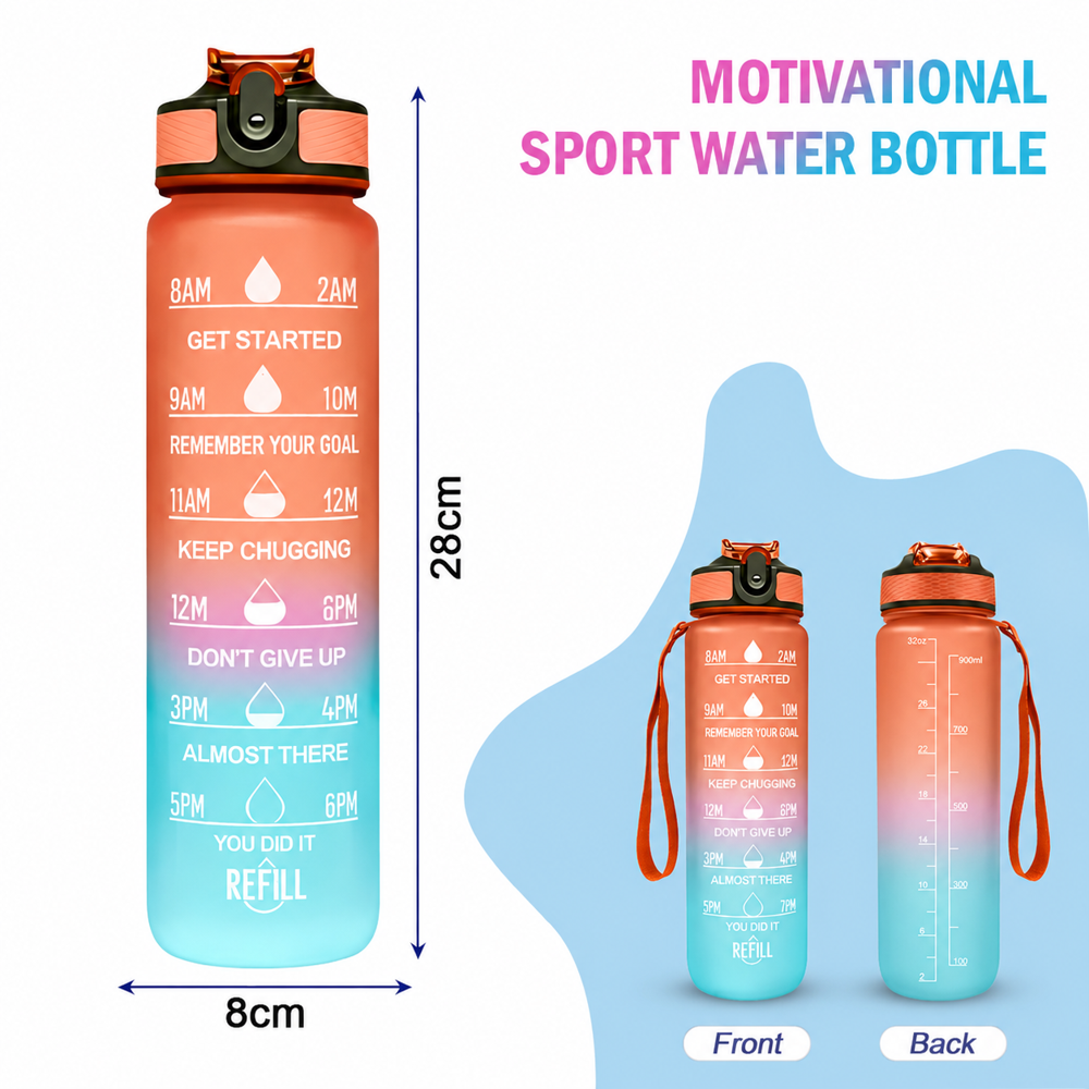 Motivational Water Bottle with Time Markings, Flip Top Lid & Carry Handle for Gym