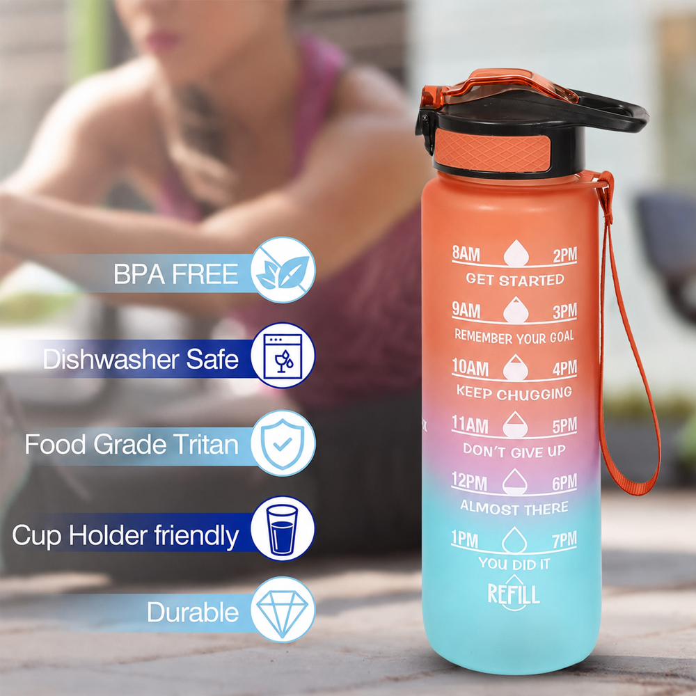 Motivational Water Bottle with Time Markings, Flip Top Lid & Carry Handle for Gym