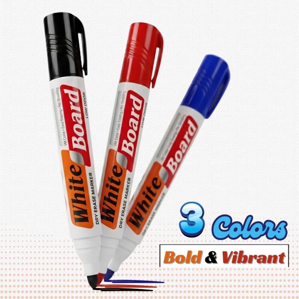 3 Pcs Whiteboard Marker Pen Set with Black, Red & Blue Ink for Office, School