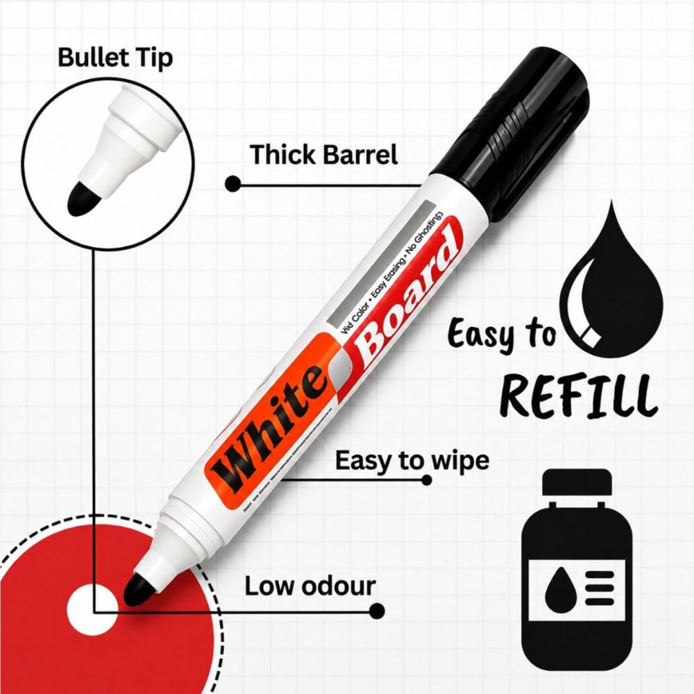 3 Pcs Whiteboard Marker Pen Set with Black, Red & Blue Ink for Office, School