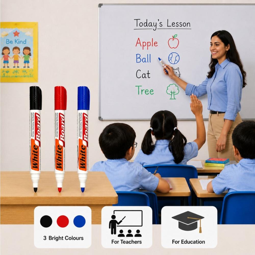 3 Pcs Whiteboard Marker Pen Set with Black, Red & Blue Ink for Office, School