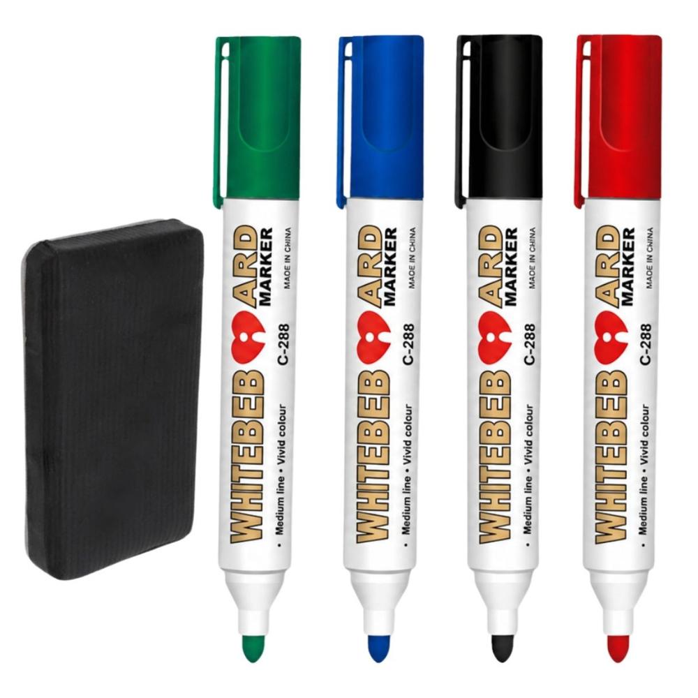 4 Pcs Whiteboard Marker Pen Set with Duster, Green Blue Black Red Dry Erase Markers for School