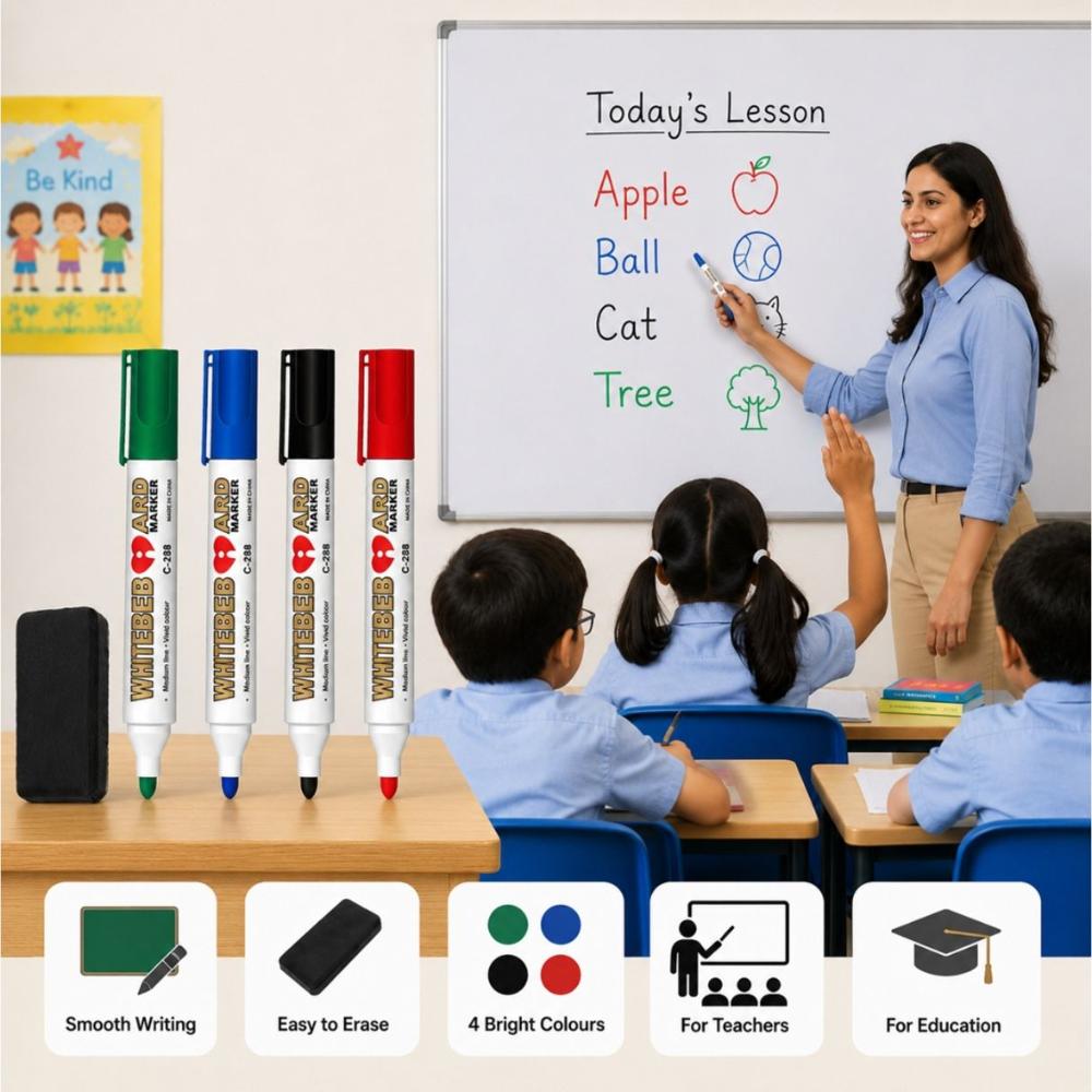 4 Pcs Whiteboard Marker Pen Set with Duster, Green Blue Black Red Dry Erase Markers for School