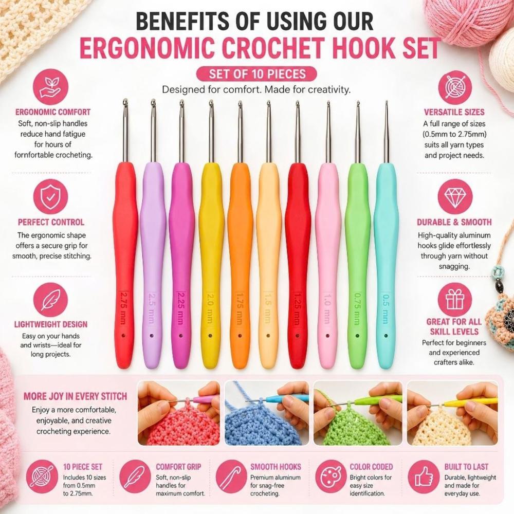 10 Pcs Crochet Hook Needle Set with Soft Grip Handles for Knitting, Yarn Craft, Embroidery