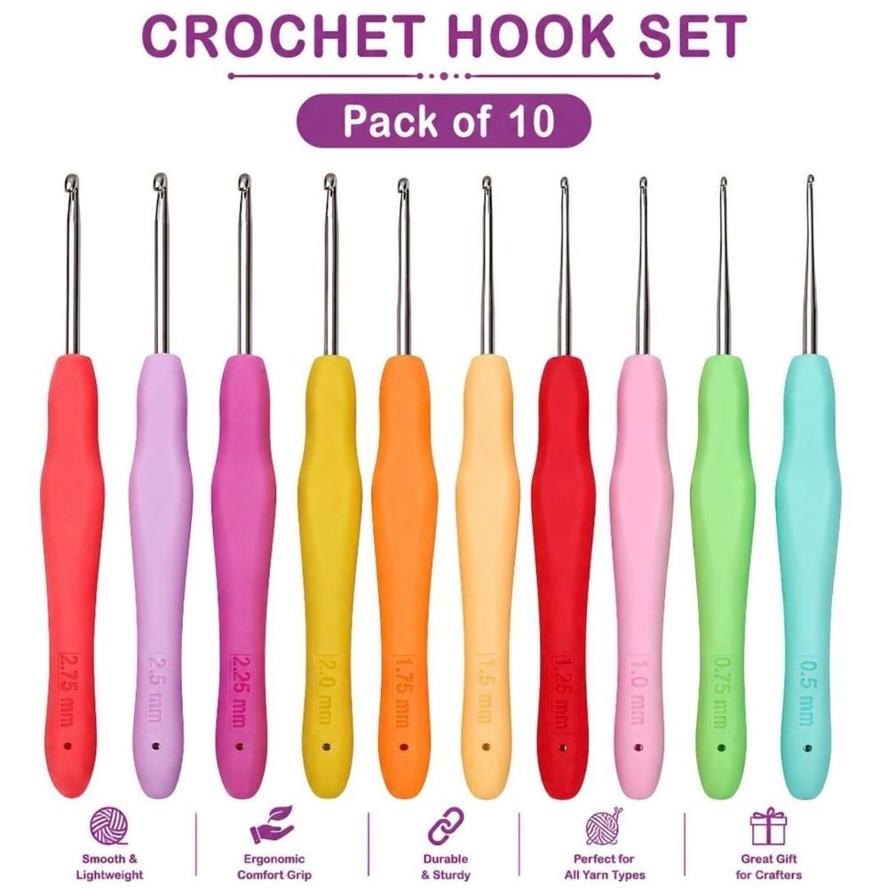 10 Pcs Crochet Hook Needle Set with Soft Grip Handles for Knitting, Yarn Craft, Embroidery