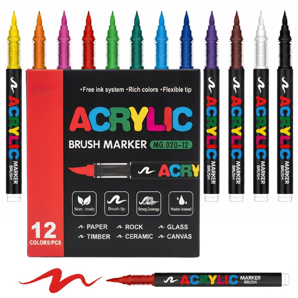 2 Pcs Acrylic Brush Marker Pen Set with Flexible Tips for Paper, Rock, Glass, Ceramic, Canvas, Wood