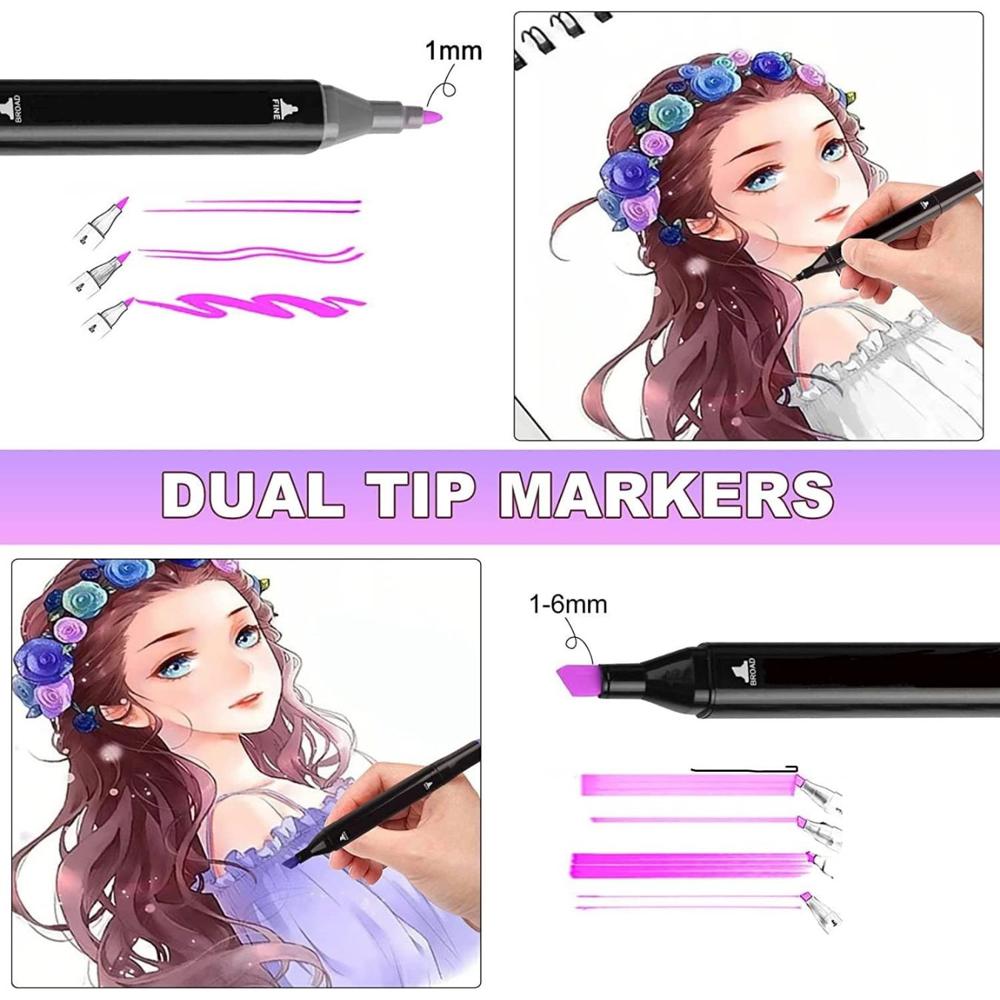 24 Pcs Dual Tip Art Marker Pen Set with Fine & Broad Tips, Multicolor Sketch Markers