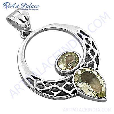 लग्श़रीअस लेमन क्वार्टज़ जेमस्टोन सिल्वर पेंडेंट