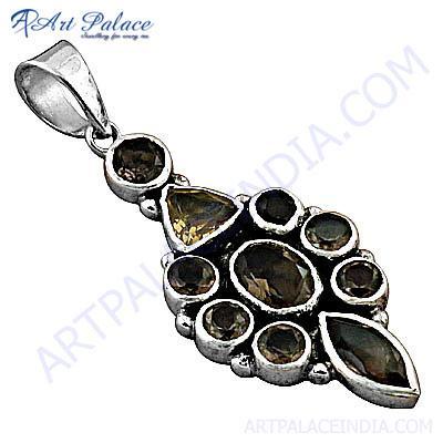 सनसनीखेज स्मोकी क्वार्ट्ज रत्न चांदी का लटकन
