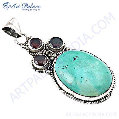 कॉस्टयूम गार्नेट और तुरकोईस (फिरोज़ी) रत्न सिल्वर पेंडेंट