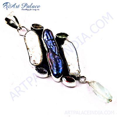 एंटीक स्टाइल मल्टी जेमस्टोन सिल्वर पेंडेंट