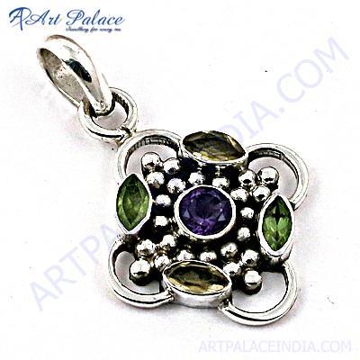 भारतीय डिजाइनर मल्टी जेमस्टोन सिल्वर पेंडेंट