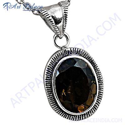 कीमती प्राचीन स्मोकी क्वार्ट्ज रत्न चांदी का लटकन