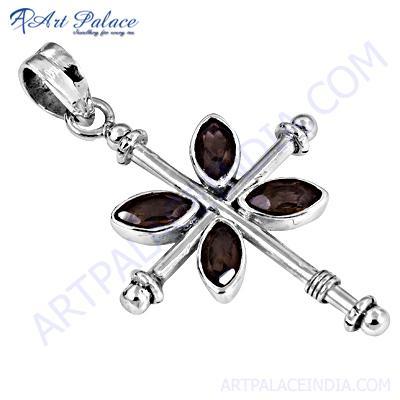 एंटीक स्टाइल स्मोकी क्वार्ट्ज जेमस्टोन सिल्वर पेंडेंट