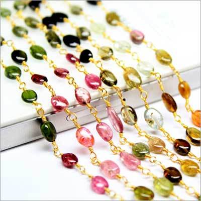 14 इंच नेचुरल टूमलाइन स्मूद ओवल नगेट्स बीड्स गोल्ड वर्मील लिंक चेन