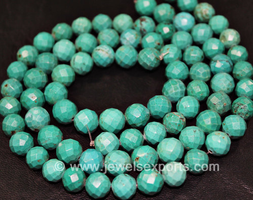 14 इंच - 10mm टॉप क्वालिटी चाइनीज़ नेचुरल तुरकोईस (फिरोज़ी) फेसेटेड गोल बीड्स रोंडेल्स