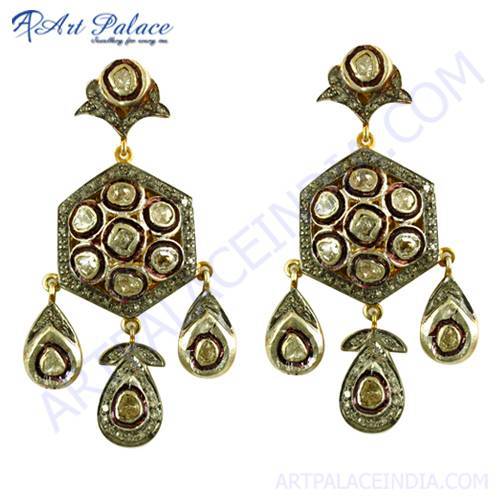 Wedding Jewelry, Victorian Gold Plated Silver Diamond Earrings