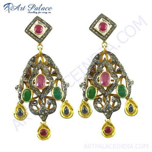 Indian Deisgner Gold Plated Silver Emerald, Ruby & Sapphire Victorian Earrings