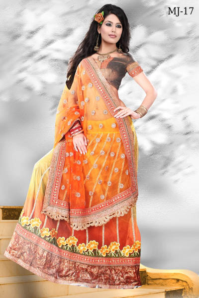 Designer Sarees - Net Fabric, 5.5 Meters Length, Orange Color - Embroidered Work, Includes Blouse Piece, Ideal for Party Wear