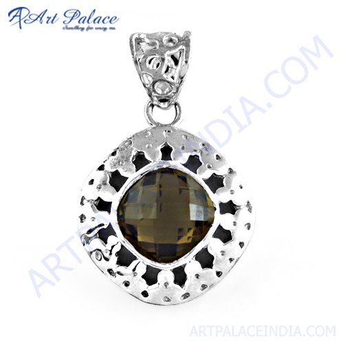 भारतीय डिजाइनर स्मोकी क्वार्ट्ज रत्न चांदी का लटकन