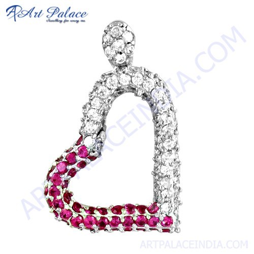 लविंग हार्ट पिंक एंड व्हाइट क्यूबिक ज़िरकोनिया सिल्वर पेंडेंट