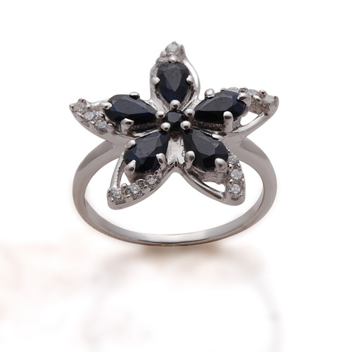Black Sapphire Silver Ring - Sterling Silver, 5x3mm Flower Design, Cluster Ring for Women with Customizable Gemstone Options, Ideal for Parties