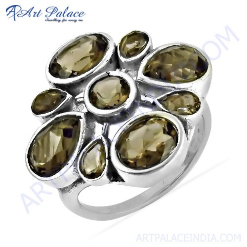 रॉकिंग स्टाइल स्मोकी क्वार्ट्ज जेमस्टोन सिल्वर रिंग