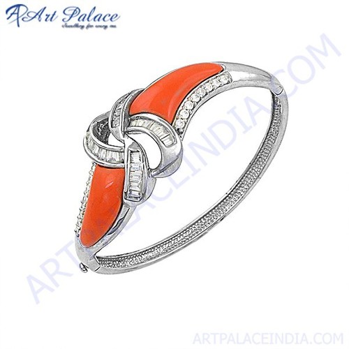 Attractive Cubic Zirconia & Synthetic Coral Silver Bracelet
