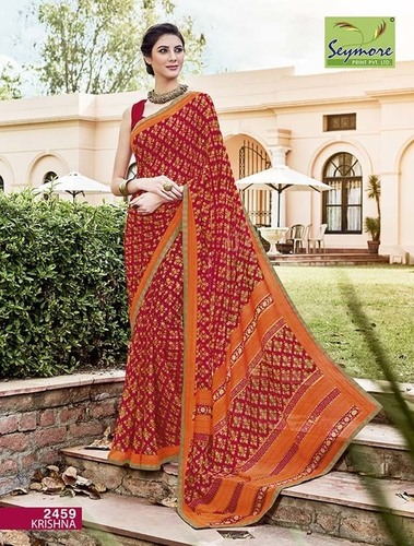 Exclusive Designer Saree - Georgette Fabric, Brocade Material, Printed Pattern, Red Color | Durable, Easy to Wash, High Tearing Strength, Intricate Designs