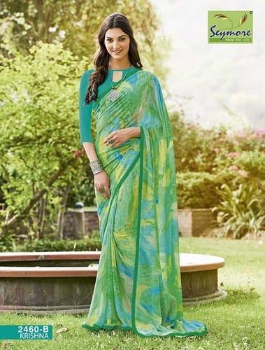 Printed Georgette Saree - Georgette Fabric, Printed Design, Elegant Green Color | Easy To Wash, Colorfastness, Shrink Resistant, High Tearing Strength, Bollywood Style