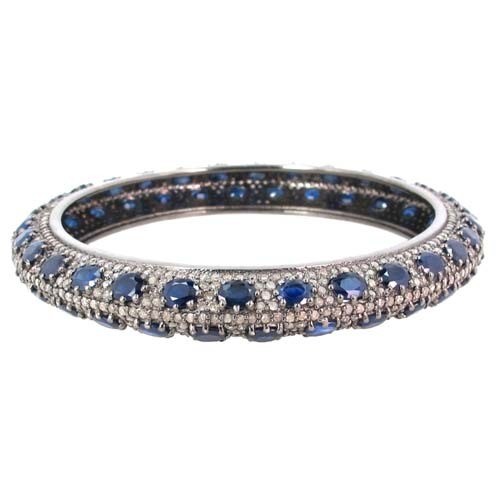 Pave Diamond Sapphire Silver Wedding Bangle