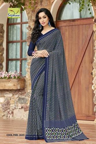 Georgette Sarees - Georgette Fabric, Printed Pattern, Navy Blue Color | Attractive Borders, Colorfastness, Fine Finishing