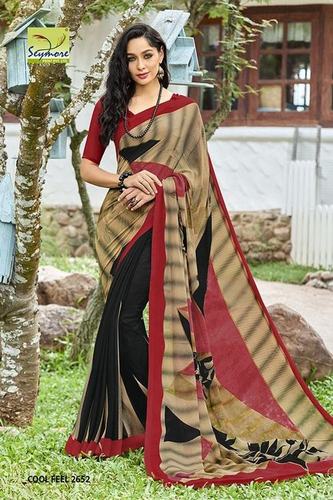 Designer Printed Sarees - Georgette Fabric, Brown and Black Colors | Alluring Patterns for Spring, Summer, and Winter, Bollywood Style