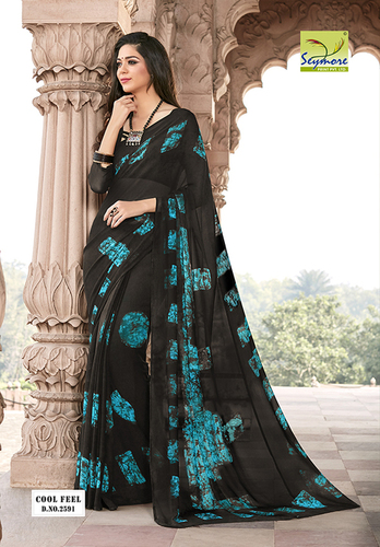 Georgette Saree - Georgette Material, Printed Pattern, Black Color - Easy to Drape, Colorfastness, Shrink Resistant, Fine Stitching
