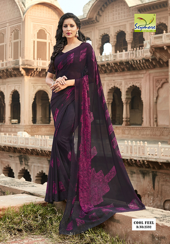 Digital Print Sarees - Georgette, Maroon Color, Brocade Texture | High Fabric Strength, Unique Vibrant Prints, Bollywood Style for All Seasons