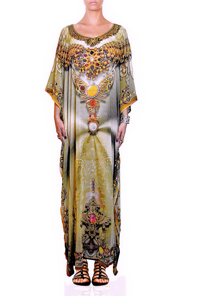 डिजिटल प्रिंट लॉन्ग एम्बेलिश्ड काफ्तान