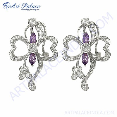 नाजुक डिजाइन नीलम और घन Zirconia रत्न चांदी की बालियां,