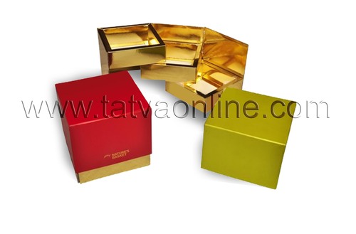 Chocolate Packaging Boxes - Paper, 2-4 Inch Size, Square Shape | Green and Red Design, Gold Foiled Laminated, Customizable Styles