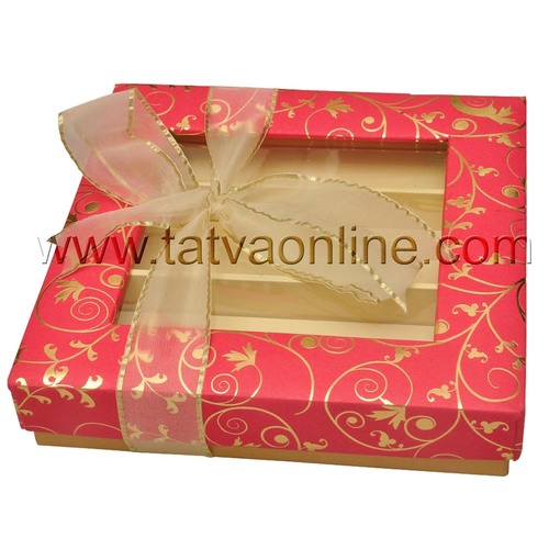 Gift Box - Paper Board, Square Shape, Pink and Pink | 3-Part Window Design, Customizable Partition for Chocolates, Dry Fruits, and Sweets