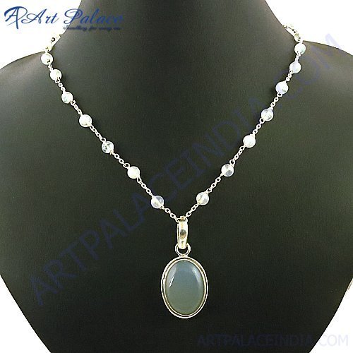 न्यू ब्लू कैल्सेडनी एंड रेनबो मूनस्टोन सिल्वर चेन नेकलेस, 925 स्टर्लिंग सिल्वर ज्वेलरी