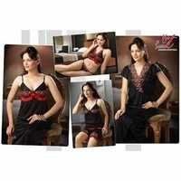 Satin Six Pcs Nighty Black Colour