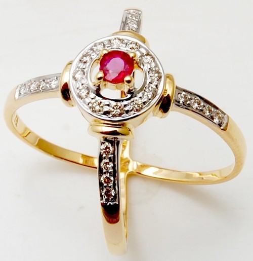 Round Ruby Stone Gold Ring, Cross Band Gold Ring