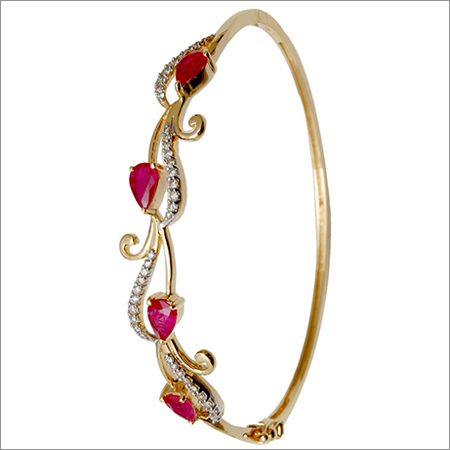 Ruby Stone Diamond Gold Half Bangle - 18K Copper Alloy, 8.800g, 1.45ct Ruby, Gift and Party Jewelry, Designed for Women