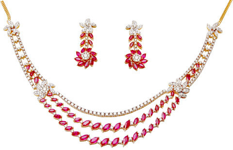 Peared Shape Ruby Gold Necklace, Three Row Gem Gender: Women's