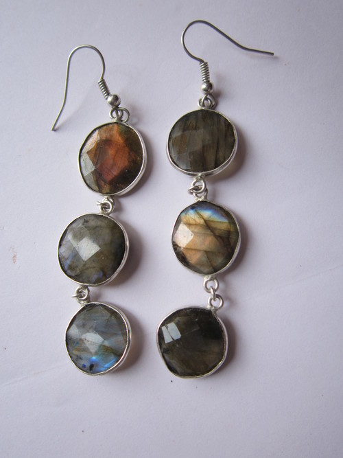 ब्राउन 3 पीस। लैब्राडोराइट बेज़ल कनेक्टर 14mm-16 Mm ईयररिंग पेयर