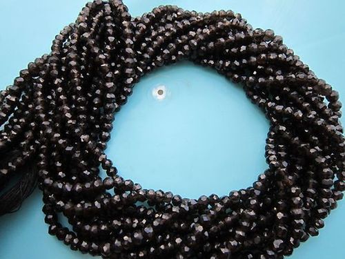 Natural Quartz - 13 Inch Smoky 3 to 4mm Faceted Rondell Beads, Top Quality Black Round Brilliant Cut