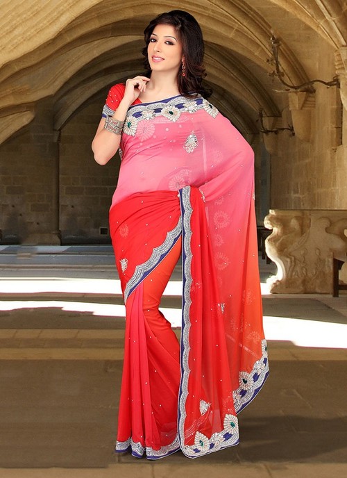 लाल छायादार विस्कोस कढ़ाई की साड़ी